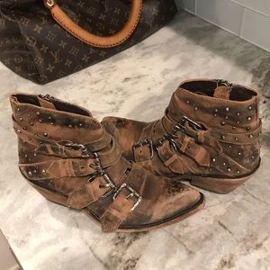 Western distressed leather boots with buckles